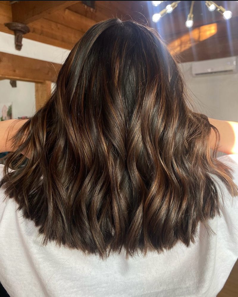 Shoulder-length brown hair with loose waves, from the all-over color listing on Hailey Allen’s GlossGenius menu.